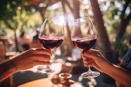 Cheers to Friendship Hands Toasting Red Wine Glasses in Sunny Celebrationの素材