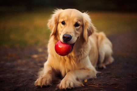 Golden Retriever Playful Pup with an Apple in its Mouthの素材