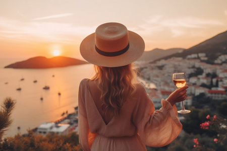 Idyllic Greek Island Getaway Woman in Hat Gazing at the Sea Viewの素材