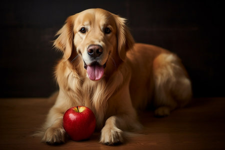 Golden Retriever Playful Pup with an Apple in its Mouthの素材