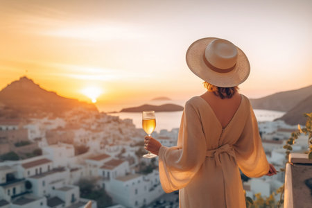 Idyllic Greek Island Getaway Woman in Hat Gazing at the Sea Viewの素材