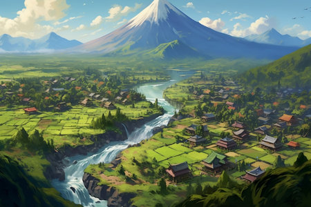 Serene Countryside Village Nestled Amidst Volcano River and Green Valleyの素材