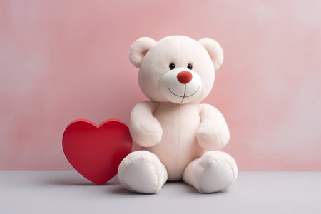 Joyful White Teddy Bear: Sitting and Embracing a Red Heartの素材