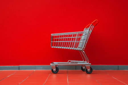 Empty Shopping Trolley against a Red Wall Backgroundの素材