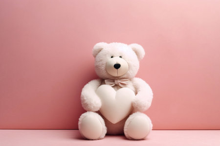 Joyful White Teddy Bear: Sitting and Embracing a Red Heartの素材
