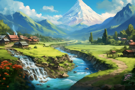Serene Countryside Village Nestled Amidst Volcano River and Green Valleyの素材