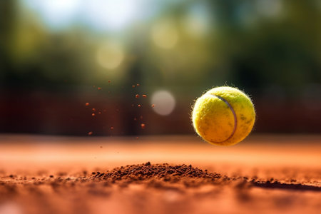 Tennis Ball in Motion on Clay Court with Bokeh Background. AIの素材