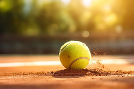 Tennis Ball in Motion on Clay Court with Bokeh Background. AIの素材