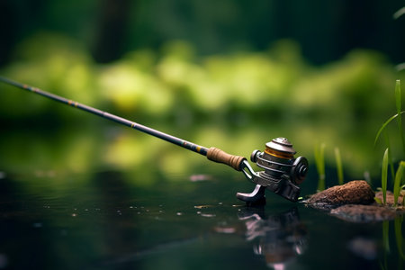 Fishing Rod with Lake Background and Tackle. AIの素材