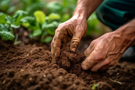 Farmer's Hand Inspecting Soil Health in an Organic Farm. AIの素材