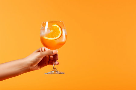 Hand Holding Cocktail Isolated on Plain Orange Background. AIの素材