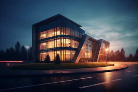 Modern Minimalistic Business Building: Sleek Office Architecture at Dusk. AIの素材