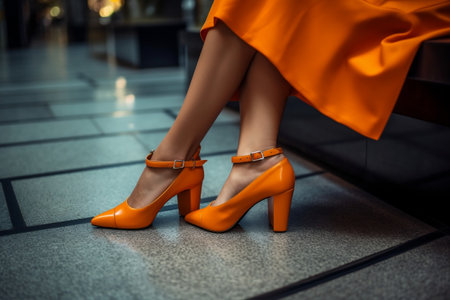 Women's Legs in Vibrant Orange Shoes with Matching Handbag. AIの素材