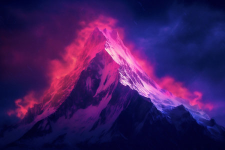 Neon-Lit Avalanche on a Majestic Mountain. AIの素材