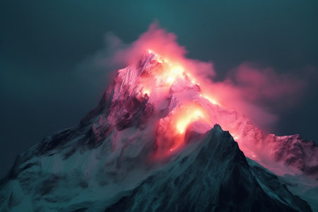 Neon-Lit Avalanche on a Majestic Mountain. AIの素材