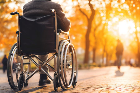Closeup of Hand of Disabled Person Riding Wheelchair at Park. AIの素材