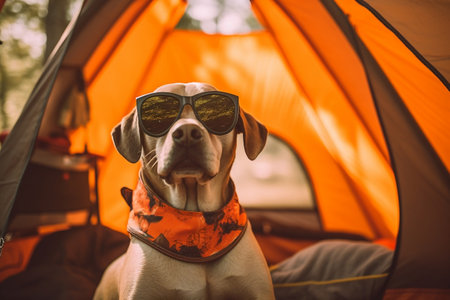 Dog Wearing Sunglasses Relaxing in an Orange Camping Tent. AIの素材