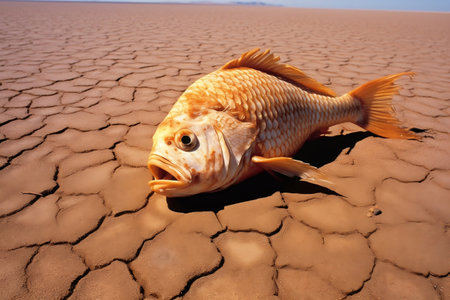 Symbolic Dead Fish on Dry Desert Floor Depicting Overfishing and Climate Change. AIの素材