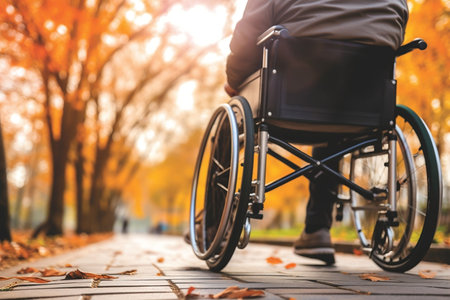 Closeup of Hand of Disabled Person Riding Wheelchair at Park. AIの素材