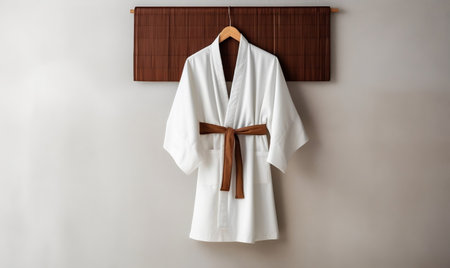 White Kimono with Brown Belt on Hanger, Featuring Copy Space. AIの素材