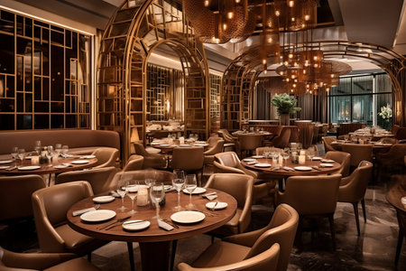 Tables Ready at a Large Luxury Restaurant with a Modern Ambiance for Stylish Dining. AIの素材