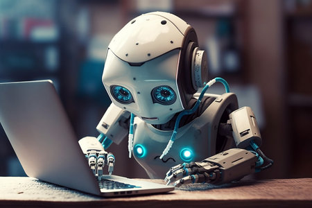 Cute Humanoid Robot Engaged in Laptop Work. AIの素材