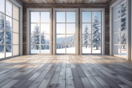 Winter View of an Empty Room with Wooden Floor and Window Framing Snowy Fir Trees. AIの素材
