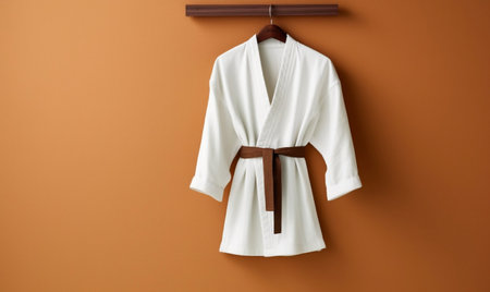 White Kimono with Brown Belt on Hanger, Featuring Copy Space. AIの素材