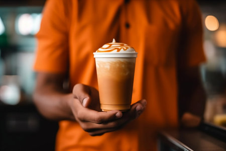 Barista Hand Serving Coffee in a Takeaway Cup at a Coffee Shop. AIの素材