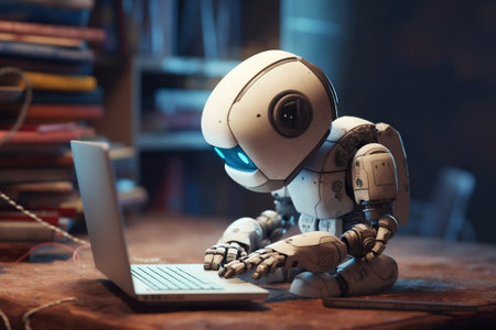 Cute Humanoid Robot Engaged in Laptop Work. AIの素材