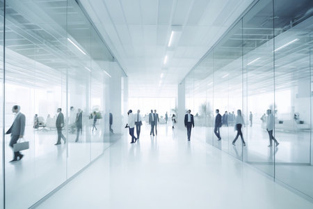 Blurred Business People in a White Glass Office Background. AIの素材