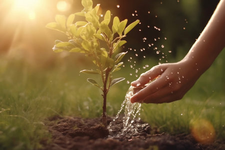 Close-Up: Hand Holding Water, Nurturing Young Tree in Park at Sunset. AIの素材