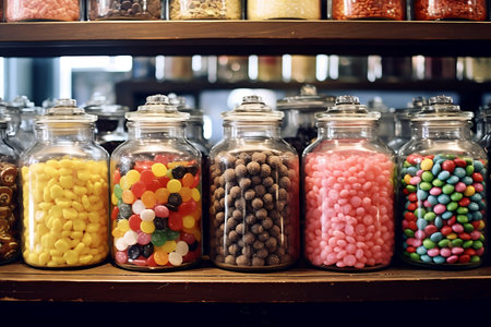 Candy Store Displaying Jars of Colorful Candies. AIの素材