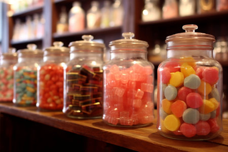 Candy Store Displaying Jars of Colorful Candies. AIの素材