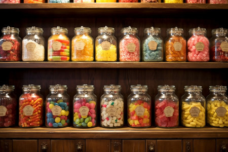 Candy Store Displaying Jars of Colorful Candies. AIの素材