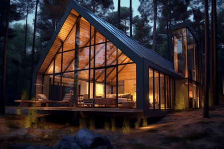 Luxury Glamping: Minimalistic Modern Villa Exterior, Glass Cottage in Woods, Nighttime Cabin in Deep Forest. AIの素材