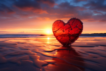 Sunset Beach with Red Heart Silhouette. AIの素材