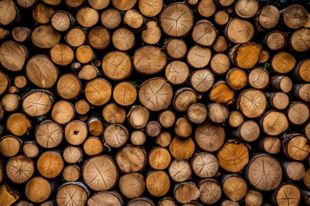 Wood Log Wallpaper: Pile of Chopped Wood Material, Stacked Logs Wall Texture. AIの素材