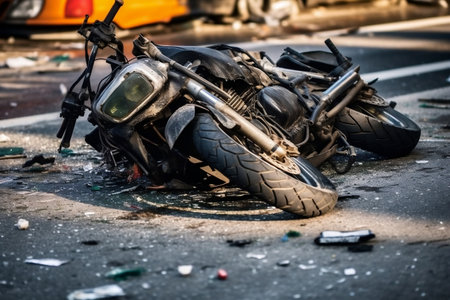 Motorcycle Traffic Accident: Broken Bike on the Street after Crash. AIの素材