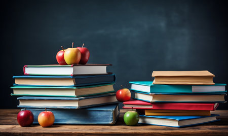 Books and Pencils Stacked on School Table with Blackboard Background. AIの素材
