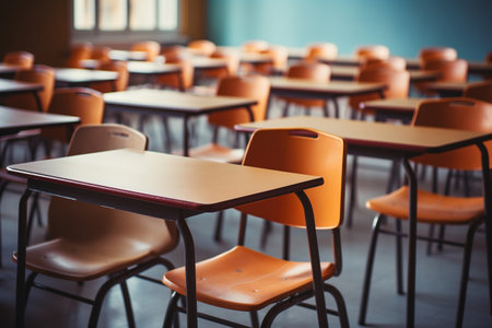 Education Concept: Empty Classroom with Tables and Chairs, Blurred Background. AIの素材