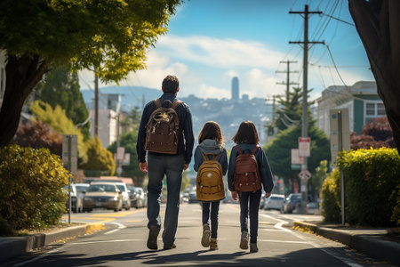 Back View of Family Walking Down the Street with Backpacks. AIの素材