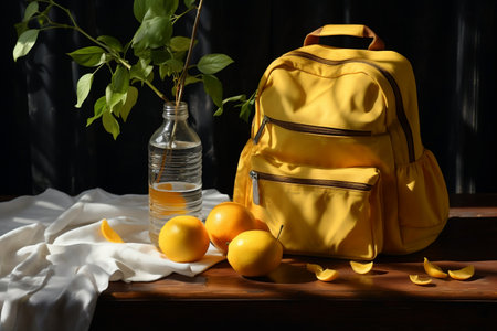 Yellow Schoolbag with Apples and Water Bottle on a Table. AIの素材