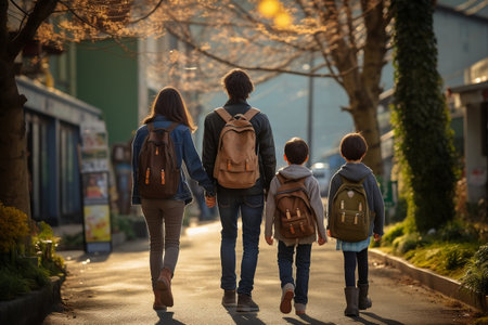 Back View of Family Walking Down the Street with Backpacks. AIの素材