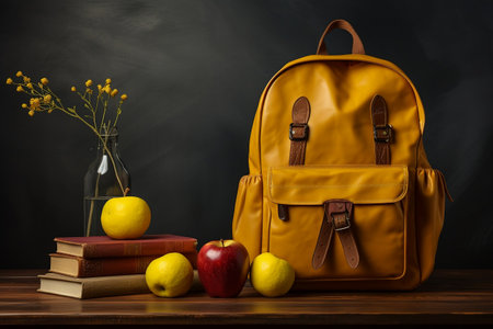 Yellow Schoolbag with Apples and Water Bottle on a Table. AIの素材