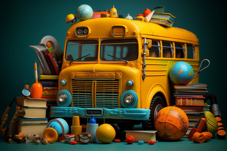 Back to School: School Supplies, Equipment, and School Bus. AIの素材