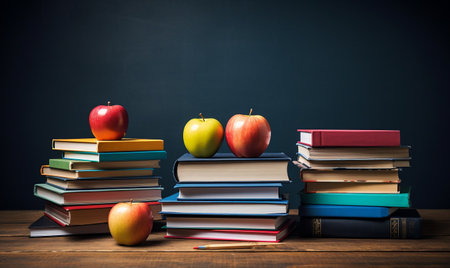 Books and Pencils Stacked on School Table with Blackboard Background. AIの素材
