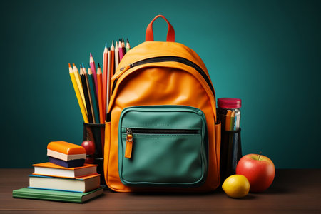 Backpack on the Table with School Supplies Protruding: School, Study, and Teacher's Day Concept. AIの素材