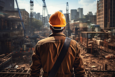 Building Tall View of a Construction Worker in Skyscraper Constructionの素材