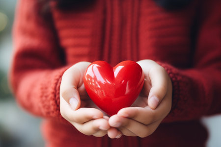 Caring Gesture Child's Hands Holding a Red Heart for Health Care Donationの素材